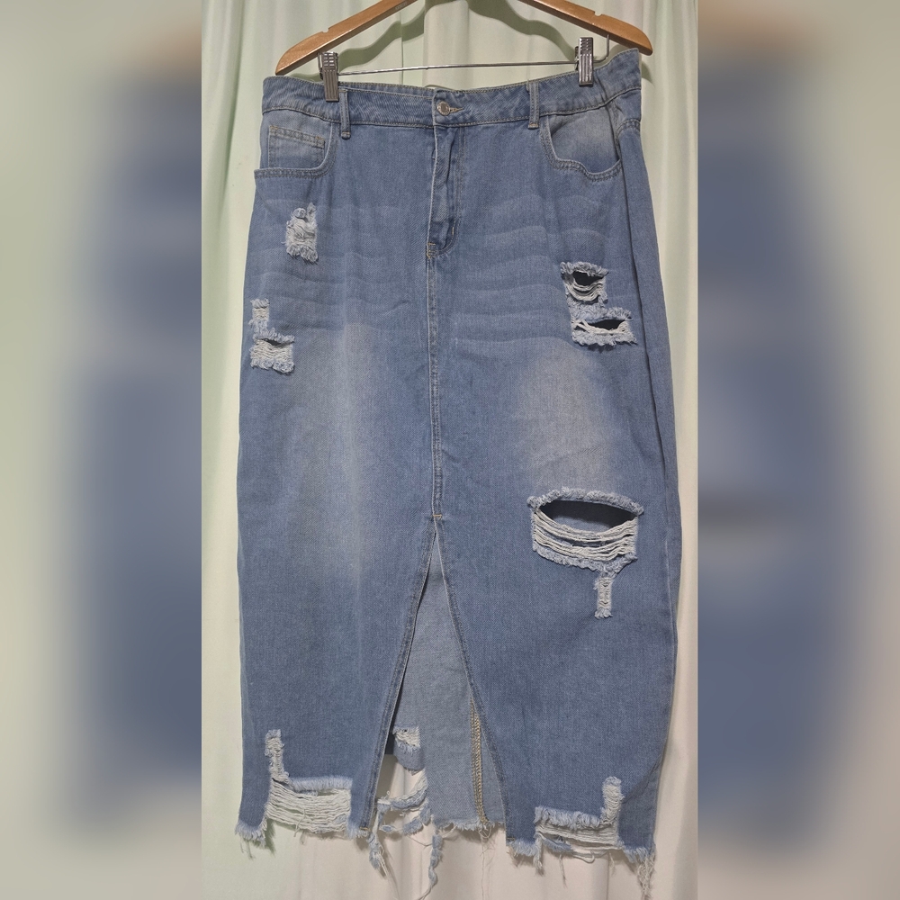 SHEIN Curve Blue Distressed Midi Skirt